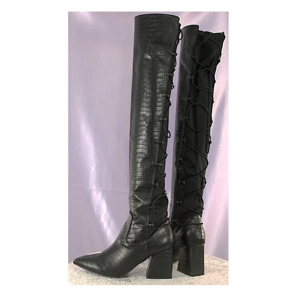 Black Over The Knee Lace Up Back Block Heel Boots Pointed Toe Women’s 7.5 - Picture 4 of 6